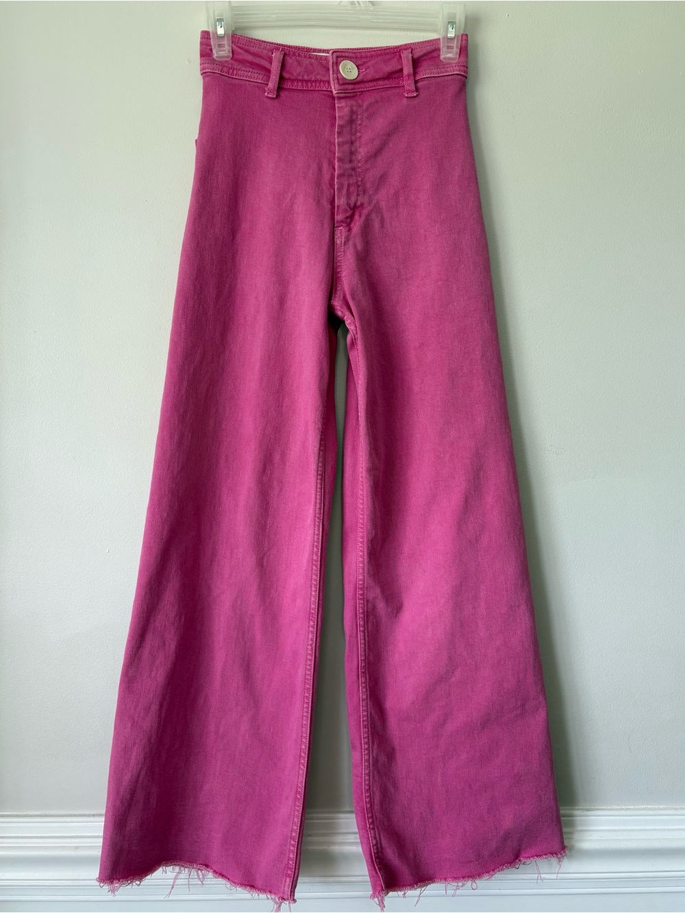 Zara Marine Wide Leg Raw Hem Jeans High Waist Size 0 Pink Denim Barbie